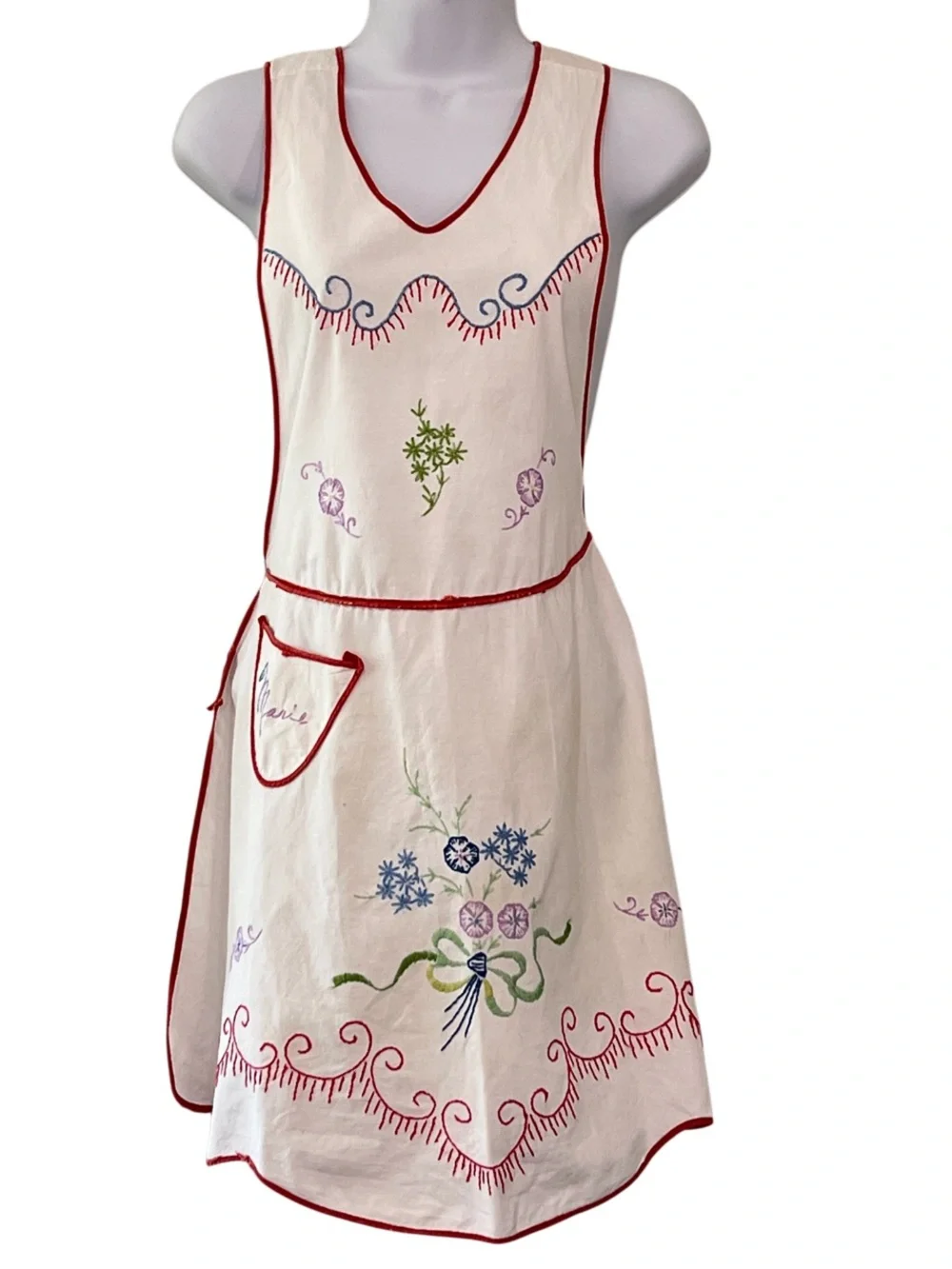 Vintage Hand Embroidered Hostess Apron Personalized Marie Floral